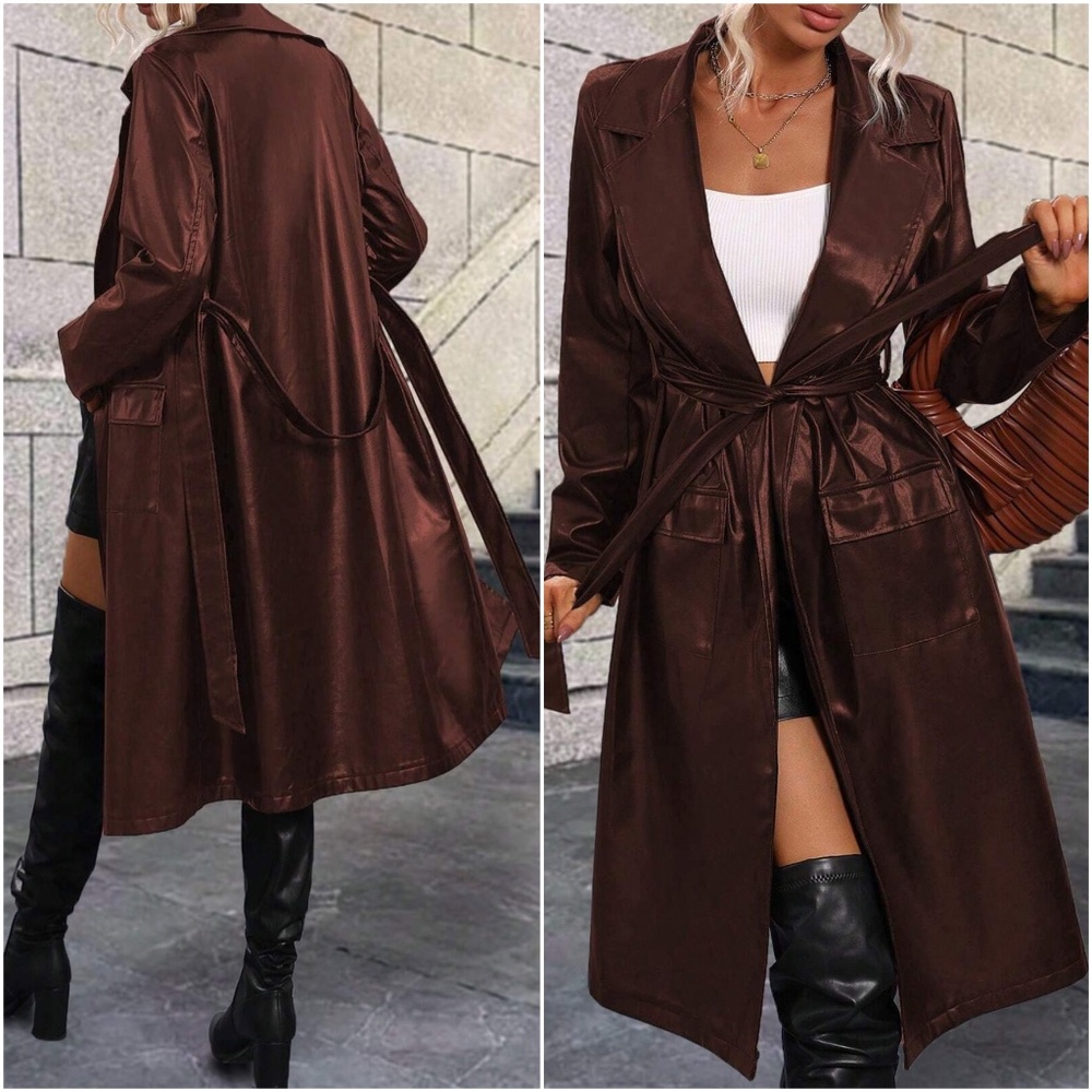 Luxe Vegan Leather Belted Minimalist Trench Coat Jacket - Picture 7 of 7